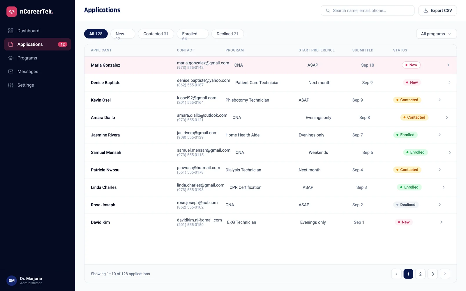 nCareerTek applications CRM — new, contacted, enrolled and declined.