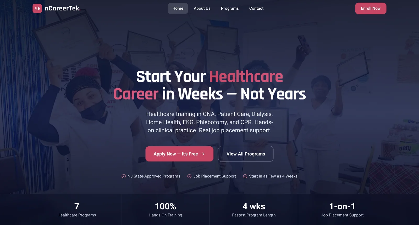 nCareerTek homepage — start your healthcare career in weeks, with NJ state-approved programs and job placement.