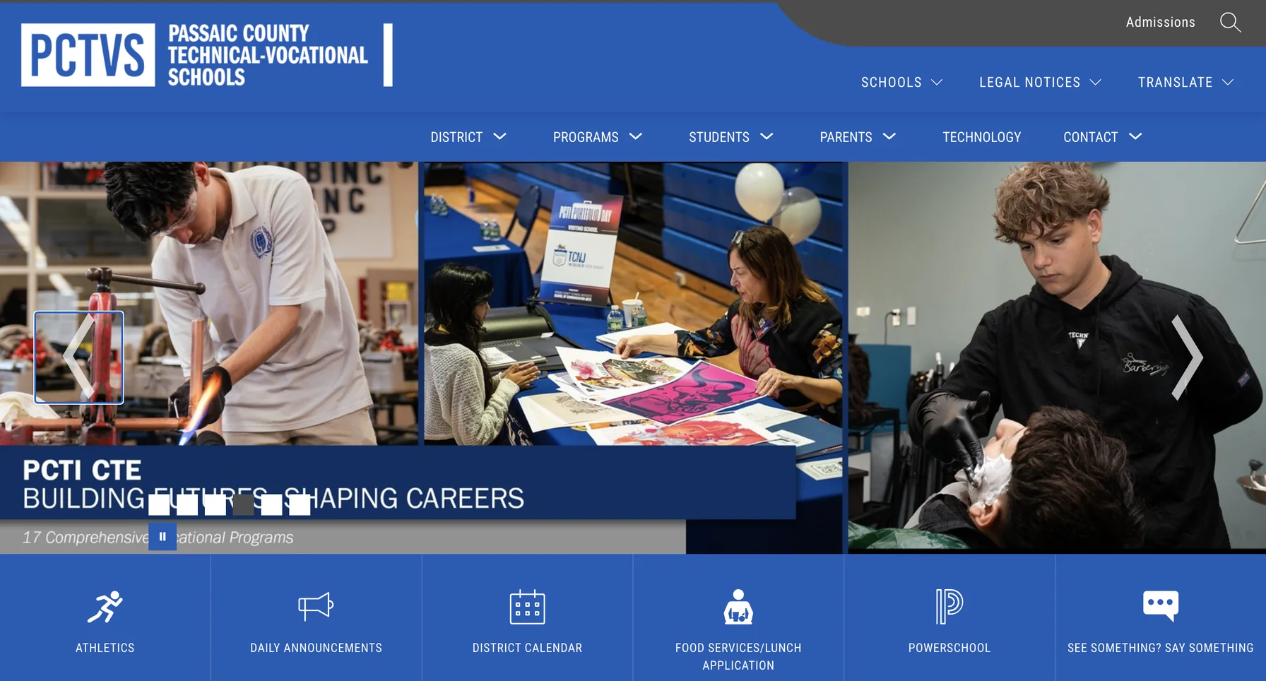 PCTVS district homepage — CTE program showcase with quick links to PowerSchool, food services and athletics.