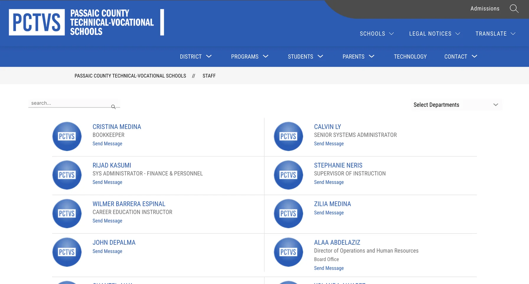 PCTVS searchable staff directory with department filtering.