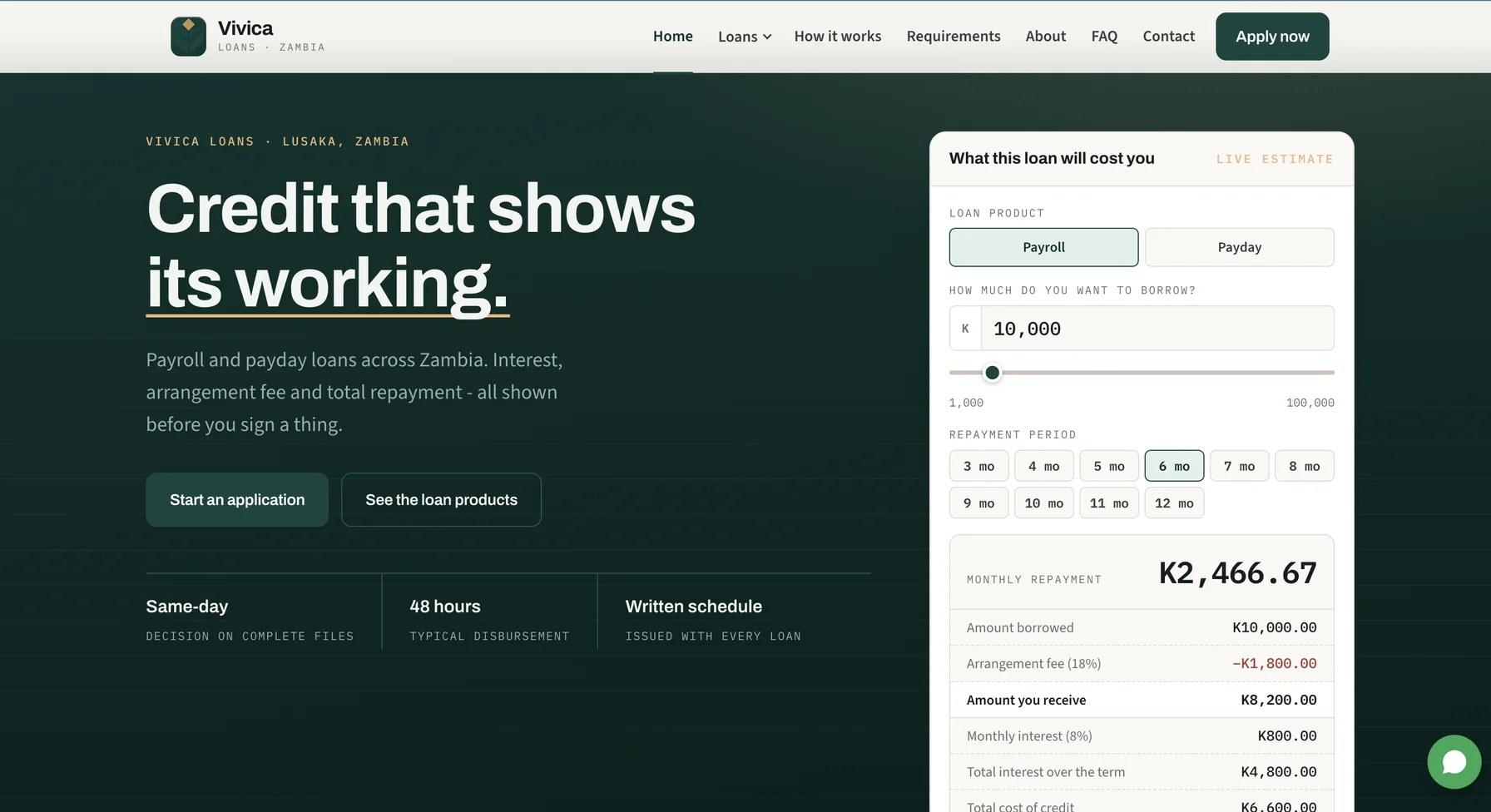 Vivica Loans borrower-facing marketing site with a live cost estimator.