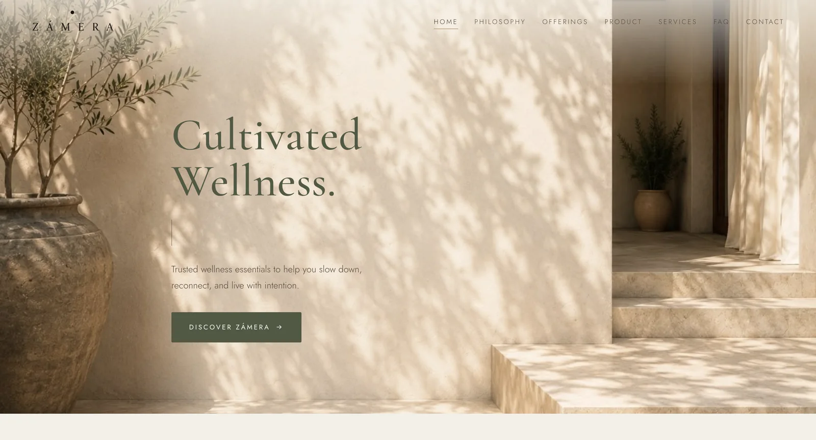 Zámera Wellness marketing site — an editorial, brand-led homepage for a premium wellness brand.