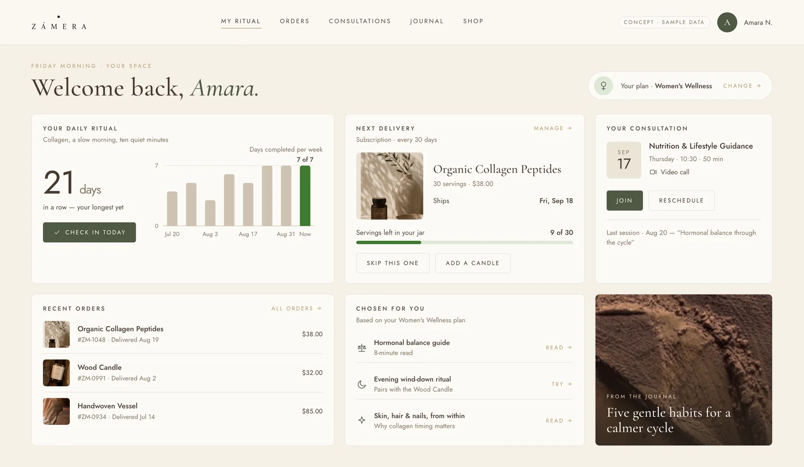 Zámera member space — daily ritual, subscription and consultations.